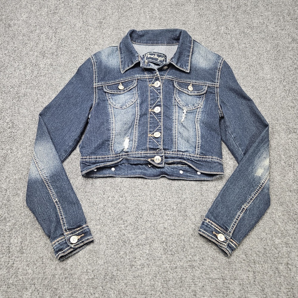 Amethyst Denim Jacket Medium Blue Cropped Distressed Stretch Y2K Streetwear